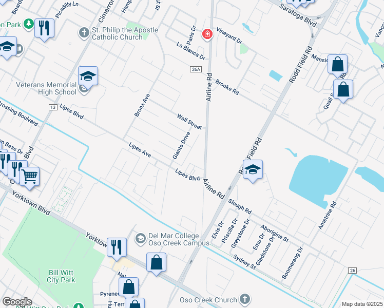 map of restaurants, bars, coffee shops, grocery stores, and more near 3722 Berkeley Drive in Corpus Christi