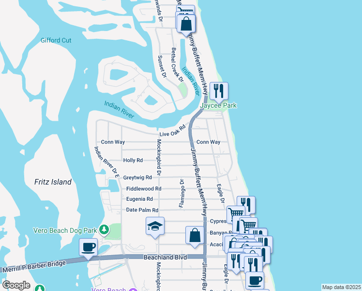 map of restaurants, bars, coffee shops, grocery stores, and more near 605 Indian Lilac Road in Vero Beach