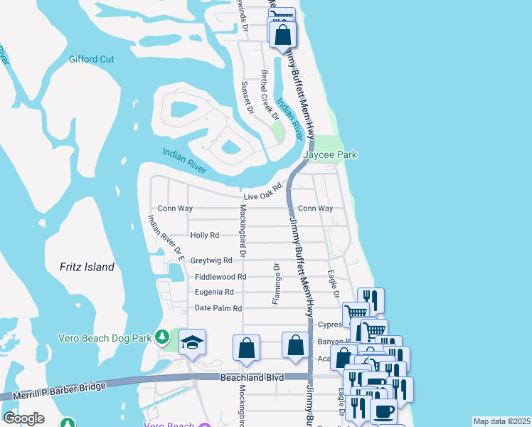 map of restaurants, bars, coffee shops, grocery stores, and more near 605 Indian Lilac Road in Vero Beach