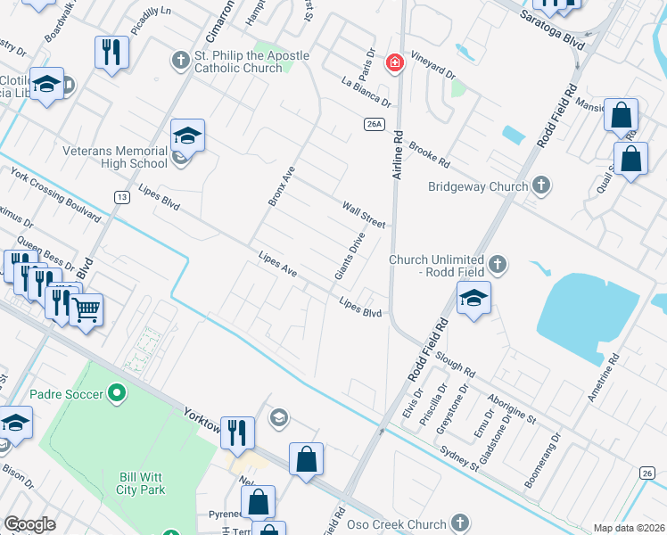 map of restaurants, bars, coffee shops, grocery stores, and more near 6845 Mets Court in Corpus Christi