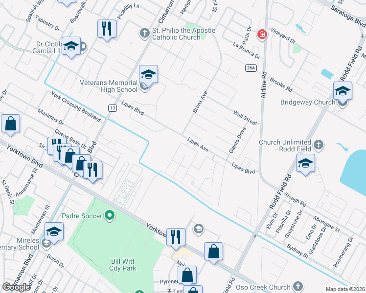 map of restaurants, bars, coffee shops, grocery stores, and more near 3901 Tateway Court in Corpus Christi