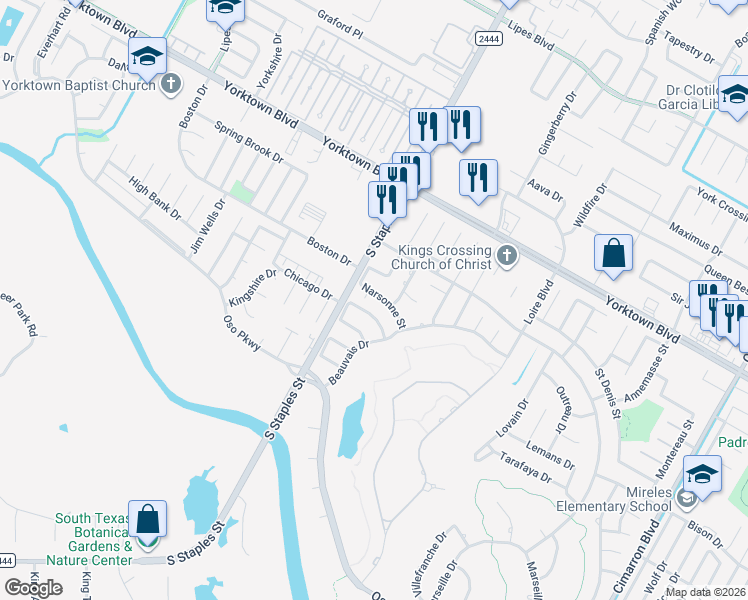 map of restaurants, bars, coffee shops, grocery stores, and more near 5705 Narsonne Street in Corpus Christi