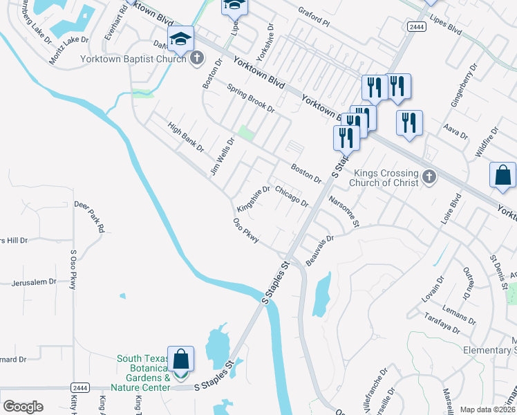 map of restaurants, bars, coffee shops, grocery stores, and more near 5518 Queensborough Circle in Corpus Christi