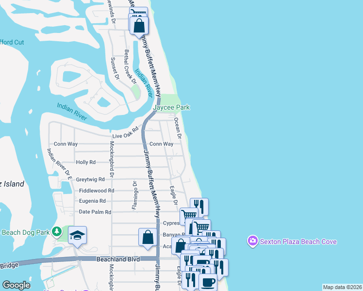 map of restaurants, bars, coffee shops, grocery stores, and more near 3939 Ocean Drive in Vero Beach