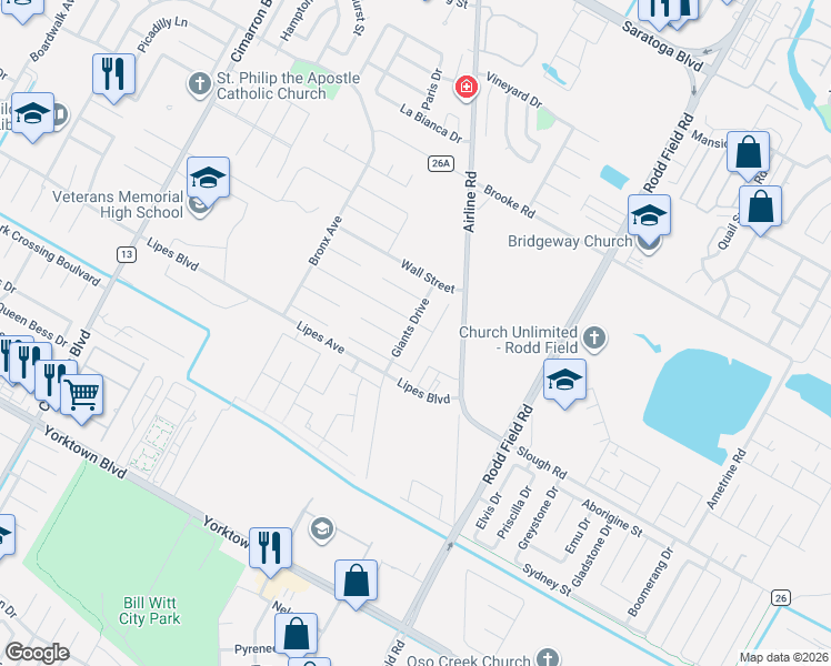 map of restaurants, bars, coffee shops, grocery stores, and more near 3626 Giants Drive in Corpus Christi