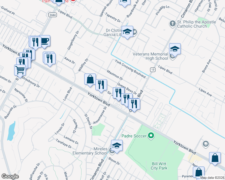 map of restaurants, bars, coffee shops, grocery stores, and more near 6213 Queen Jane Street in Corpus Christi