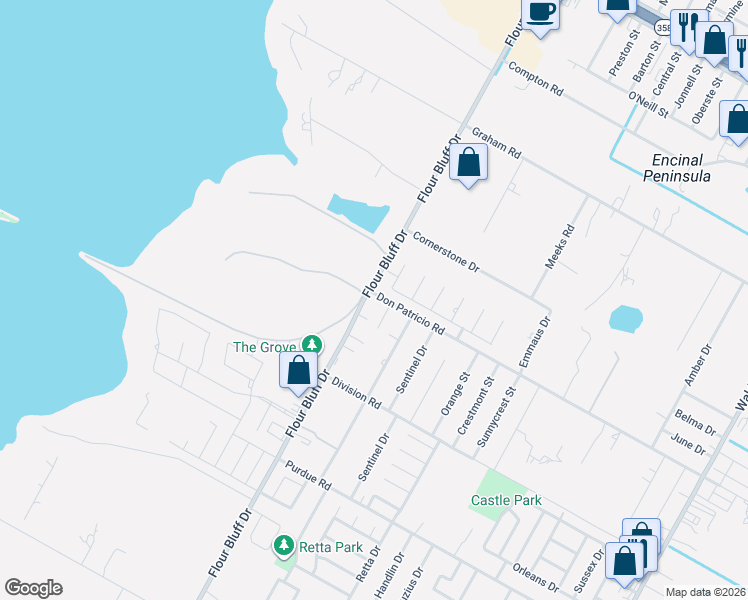 map of restaurants, bars, coffee shops, grocery stores, and more near 1901 Flour Bluff Drive in Corpus Christi