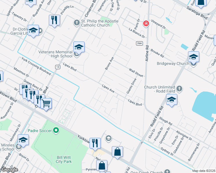 map of restaurants, bars, coffee shops, grocery stores, and more near 6717 Stuyvesant Court in Corpus Christi
