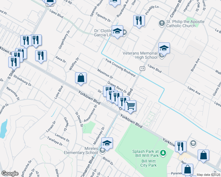 map of restaurants, bars, coffee shops, grocery stores, and more near 6201 Queen Bess Drive in Corpus Christi