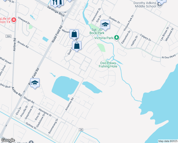 map of restaurants, bars, coffee shops, grocery stores, and more near 3146 Quail Creek Drive in Corpus Christi