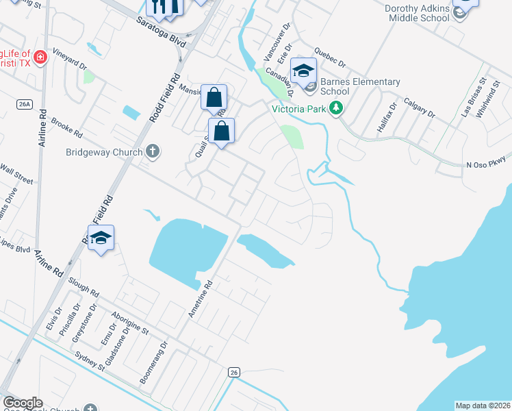 map of restaurants, bars, coffee shops, grocery stores, and more near 3146 Quail Creek Drive in Corpus Christi