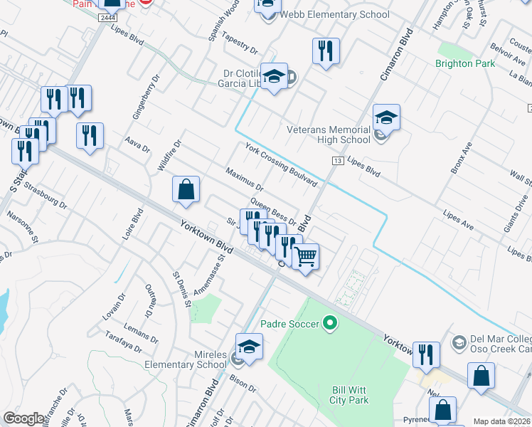 map of restaurants, bars, coffee shops, grocery stores, and more near 6230 Queen Bess Drive in Corpus Christi