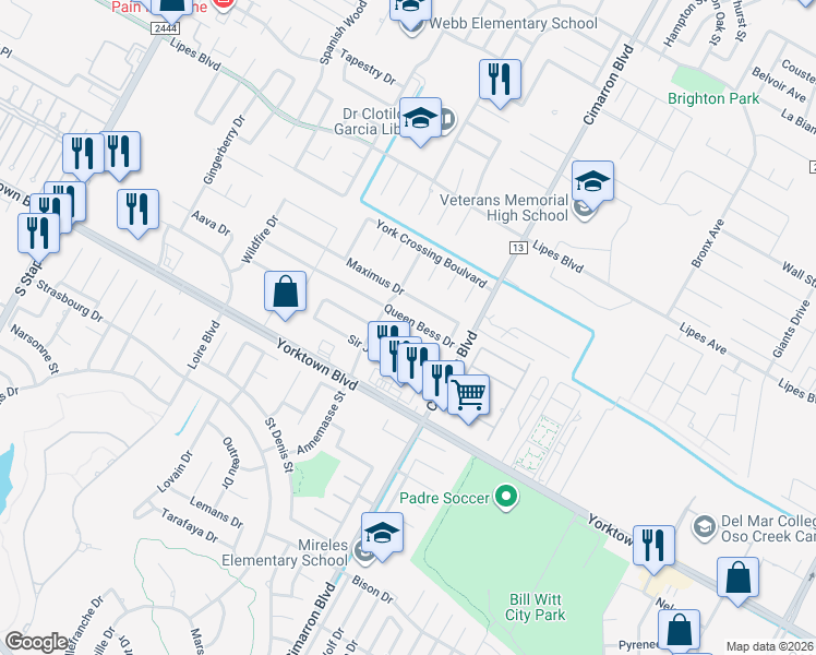 map of restaurants, bars, coffee shops, grocery stores, and more near 6230 Queen Bess Drive in Corpus Christi
