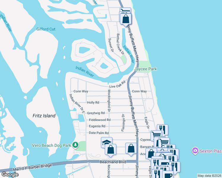 map of restaurants, bars, coffee shops, grocery stores, and more near 4106 Mockingbird Drive in Vero Beach