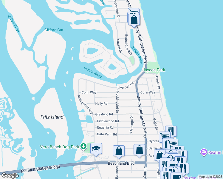 map of restaurants, bars, coffee shops, grocery stores, and more near 422 Live Oak Road in Vero Beach