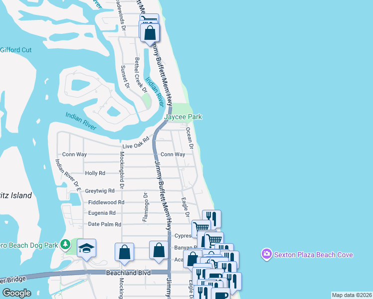 map of restaurants, bars, coffee shops, grocery stores, and more near 4120 Silver Palm Drive in Vero Beach