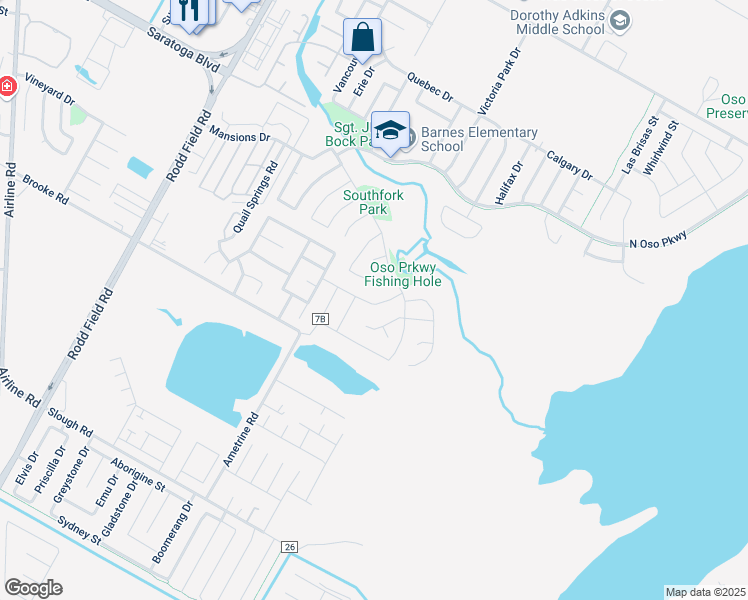 map of restaurants, bars, coffee shops, grocery stores, and more near 7641 Neches Drive in Corpus Christi