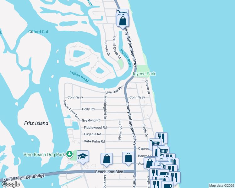 map of restaurants, bars, coffee shops, grocery stores, and more near 602 Live Oak Road in Vero Beach