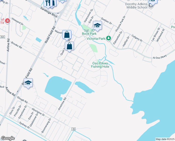 map of restaurants, bars, coffee shops, grocery stores, and more near 7617 Neches Drive in Corpus Christi