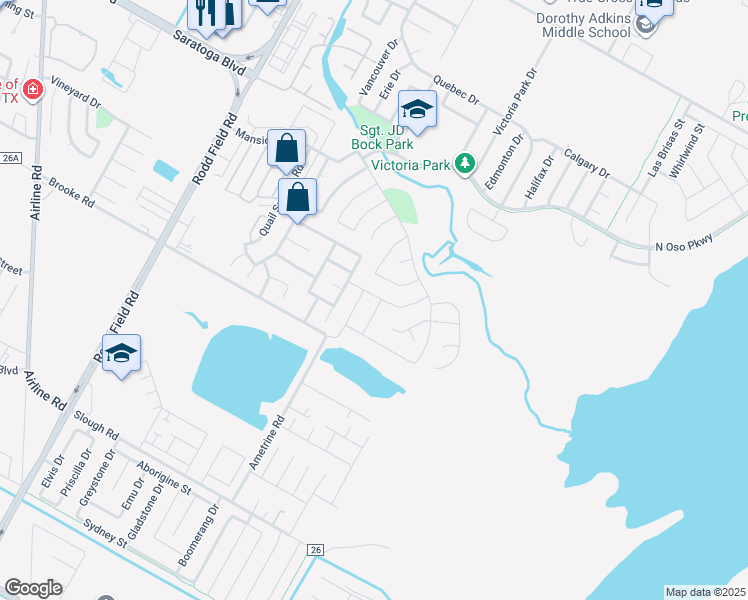 map of restaurants, bars, coffee shops, grocery stores, and more near 7617 Neches Drive in Corpus Christi