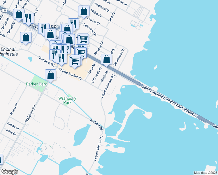 map of restaurants, bars, coffee shops, grocery stores, and more near 1213 Laguna Shores Road in Corpus Christi