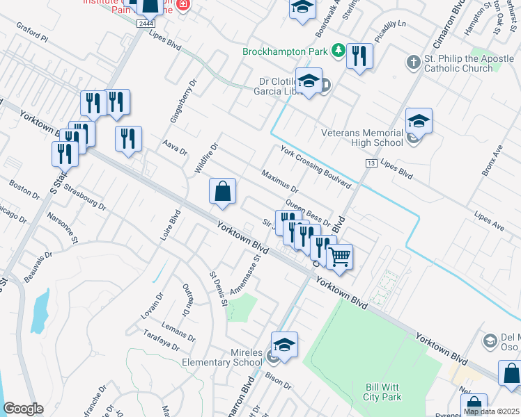 map of restaurants, bars, coffee shops, grocery stores, and more near 6121 Queen Jane Street in Corpus Christi