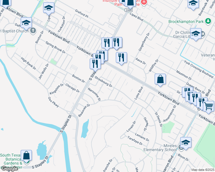 map of restaurants, bars, coffee shops, grocery stores, and more near 5702 Waterford in Corpus Christi