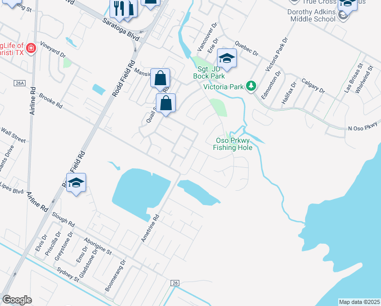map of restaurants, bars, coffee shops, grocery stores, and more near 3146 Quail Creek Drive in Corpus Christi