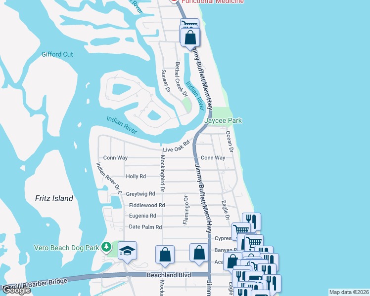 map of restaurants, bars, coffee shops, grocery stores, and more near 602 Live Oak Road in Vero Beach