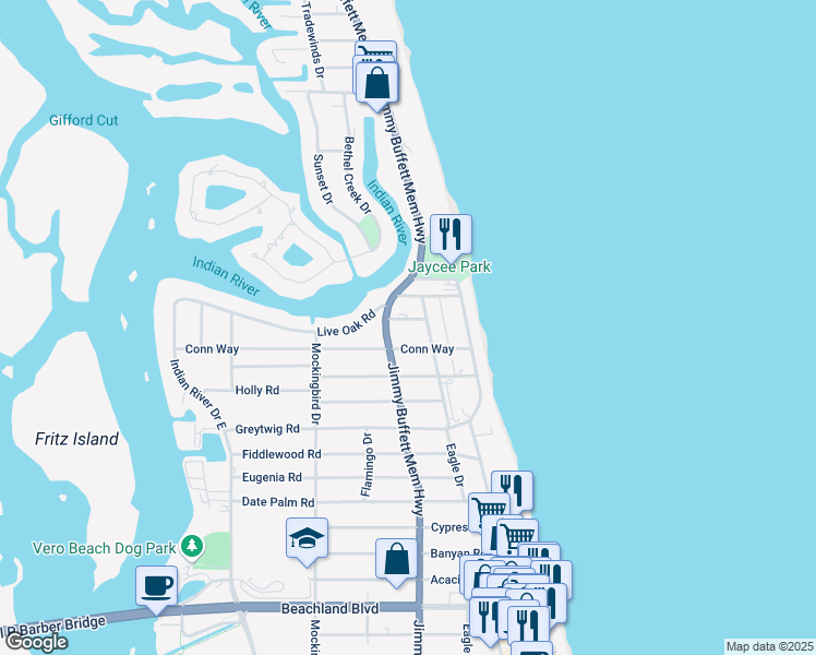 map of restaurants, bars, coffee shops, grocery stores, and more near 726 Kumquat Road in Vero Beach