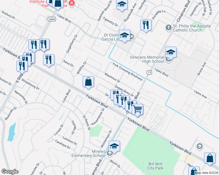 map of restaurants, bars, coffee shops, grocery stores, and more near 6121 Queen Jane Street in Corpus Christi