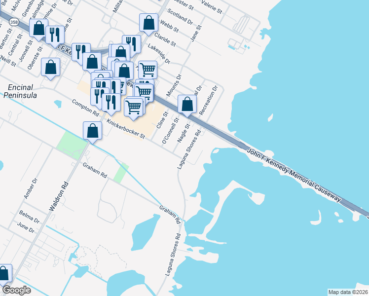 map of restaurants, bars, coffee shops, grocery stores, and more near 1213 Laguna Shores Road in Corpus Christi
