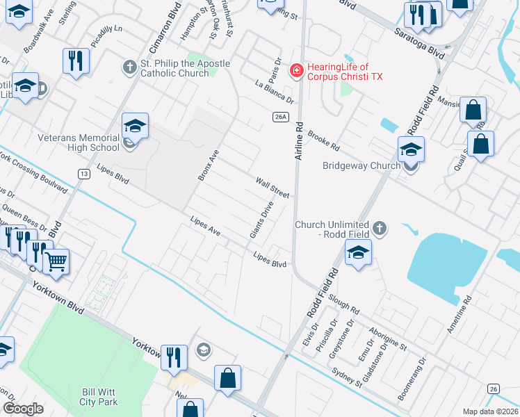 map of restaurants, bars, coffee shops, grocery stores, and more near 3626 Giants Drive in Corpus Christi