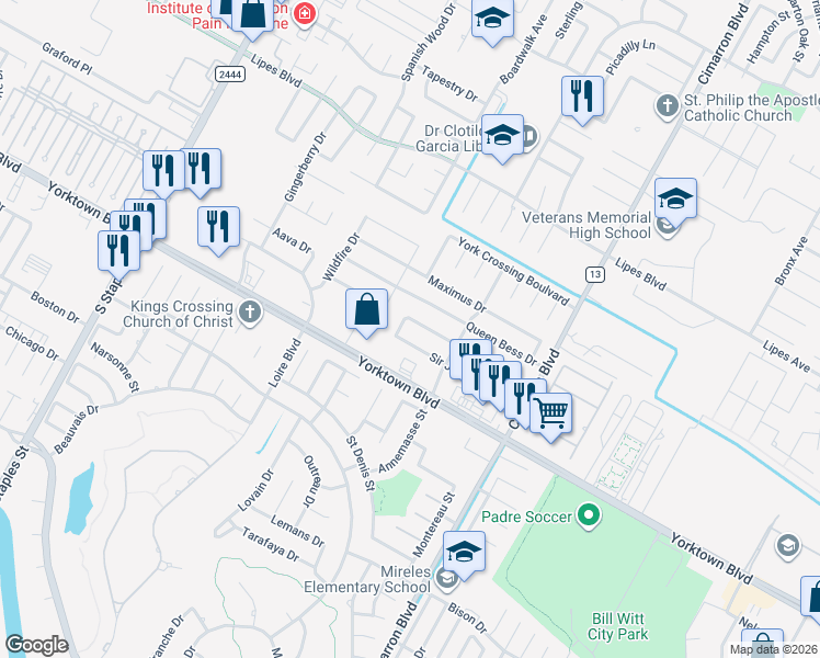 map of restaurants, bars, coffee shops, grocery stores, and more near 6121 Queen Jane Street in Corpus Christi