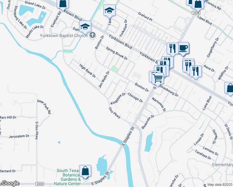 map of restaurants, bars, coffee shops, grocery stores, and more near 7817 Kingshire Drive in Corpus Christi