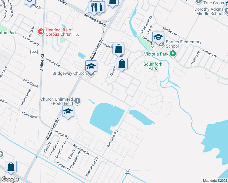 map of restaurants, bars, coffee shops, grocery stores, and more near 3209 Cedar Hollow Court in Corpus Christi