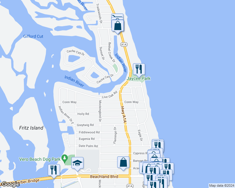 map of restaurants, bars, coffee shops, grocery stores, and more near 618 Live Oak Road in Vero Beach