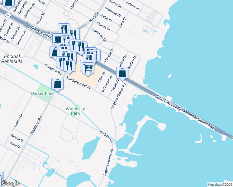 map of restaurants, bars, coffee shops, grocery stores, and more near 1213 Laguna Shores Road in Corpus Christi