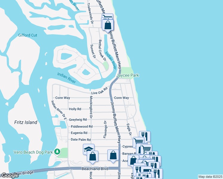 map of restaurants, bars, coffee shops, grocery stores, and more near 726 Kumquat Road in Vero Beach