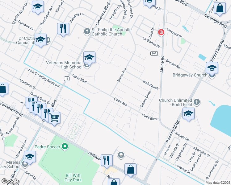 map of restaurants, bars, coffee shops, grocery stores, and more near 6717 Stuyvesant Court in Corpus Christi