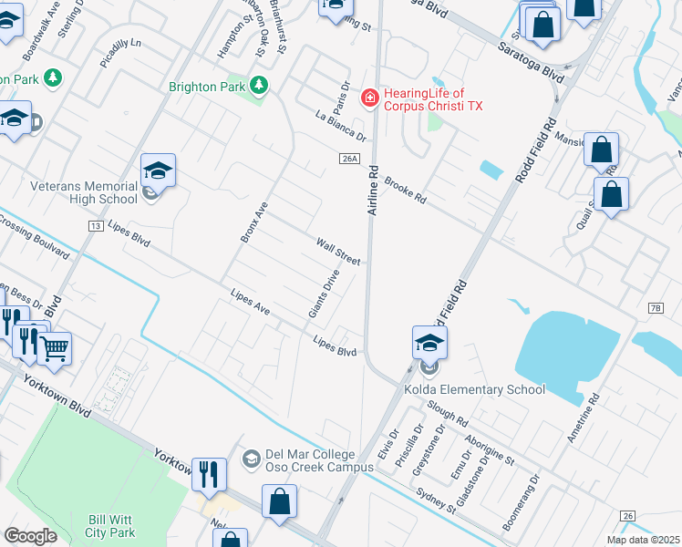 map of restaurants, bars, coffee shops, grocery stores, and more near 3614 Giants Drive in Corpus Christi