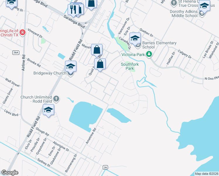 map of restaurants, bars, coffee shops, grocery stores, and more near 3146 Quail Creek Drive in Corpus Christi