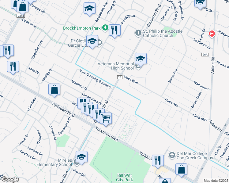 map of restaurants, bars, coffee shops, grocery stores, and more near 6506 Miranda Drive in Corpus Christi