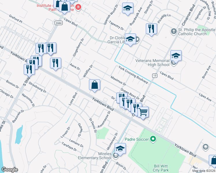map of restaurants, bars, coffee shops, grocery stores, and more near 6114 Queen Jane Street in Corpus Christi
