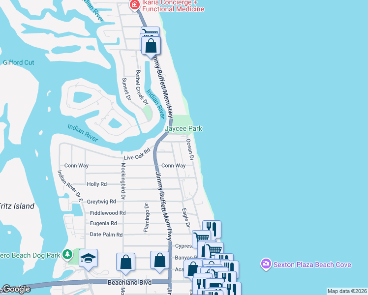 map of restaurants, bars, coffee shops, grocery stores, and more near 4120 Silver Palm Drive in Vero Beach