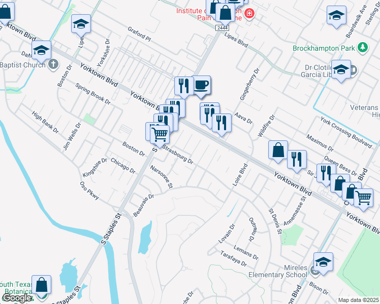 map of restaurants, bars, coffee shops, grocery stores, and more near 5702 Waterford in Corpus Christi
