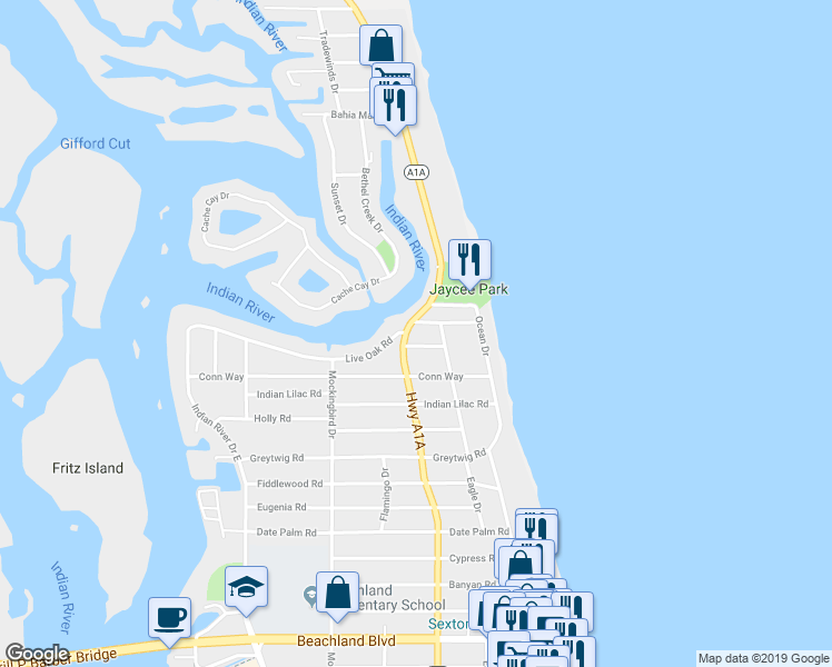 map of restaurants, bars, coffee shops, grocery stores, and more near 805 Live Oak Road in Vero Beach