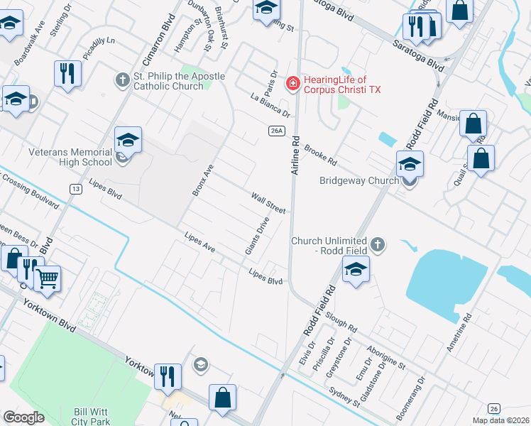 map of restaurants, bars, coffee shops, grocery stores, and more near 6826 Wall Street in Corpus Christi