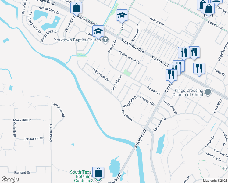 map of restaurants, bars, coffee shops, grocery stores, and more near 7738 Jim Wells Drive in Corpus Christi