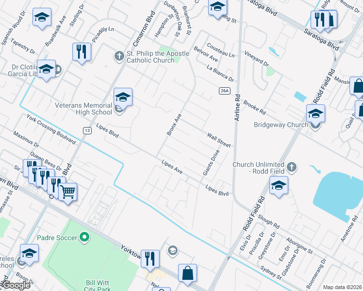 map of restaurants, bars, coffee shops, grocery stores, and more near 6730 Old Square Drive in Corpus Christi